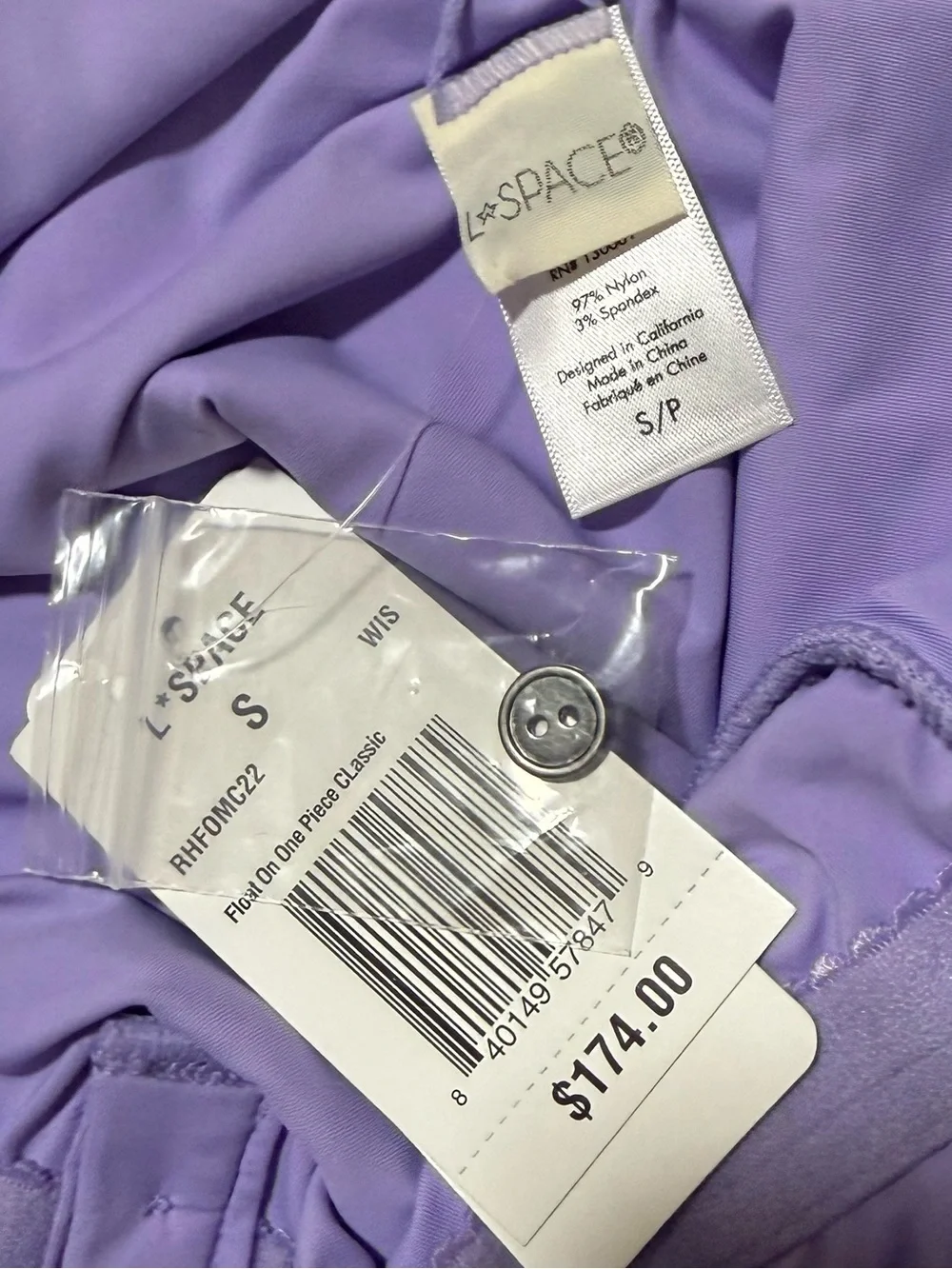 NEW NWT L space float on one piece swimsuit wisteria lavender buttons. low back